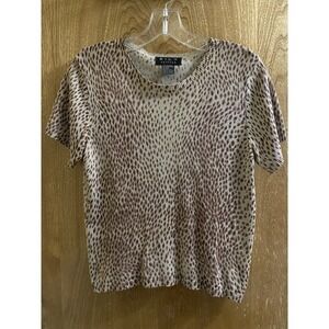 SILX 100% Silk Women's Leopard Print Stretch Blouse Size M Petite Short Sleeve